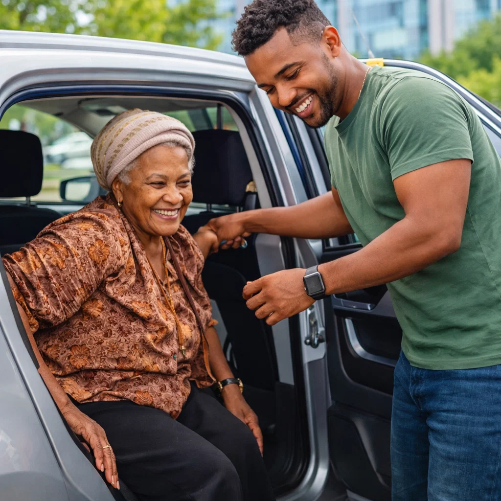 Driver helping an older passenger step out of a car