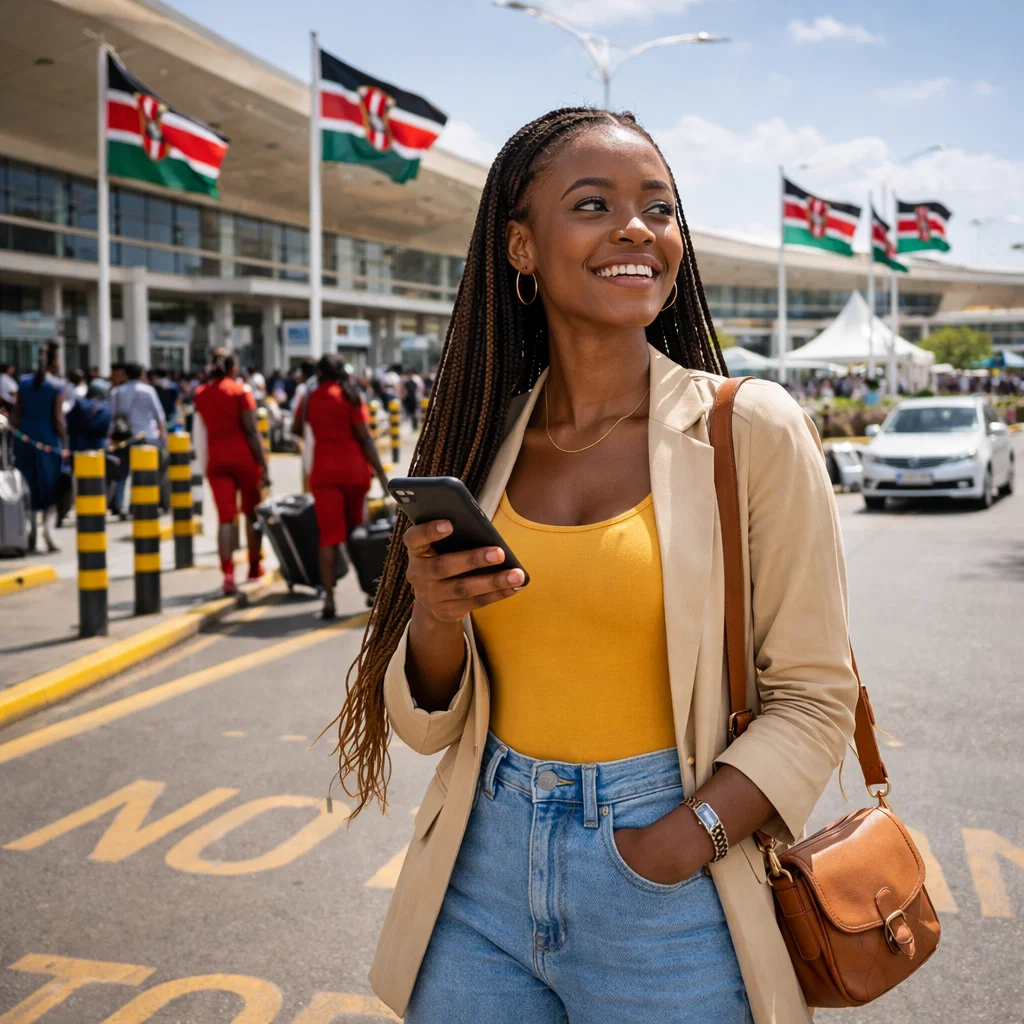 Traveler outside an airport checking her phone