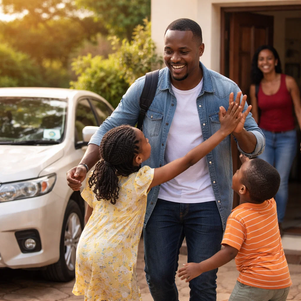 Family smiling together at home